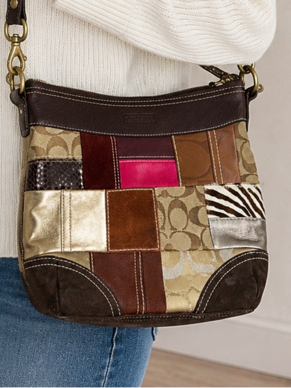Coach Patchwork Leather & Signature Canvas Hobo Shoulder Bag Brown Multi Y2K